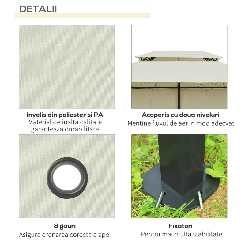 Pavilion/foisor pentru gradina/terasa, cadru metalic, cu perdele, crem, 4x3x2.65 m [3]