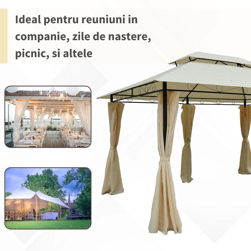 Pavilion/foisor pentru gradina/terasa, cadru metalic, cu perdele, crem, 4x3x2.65 m [4]