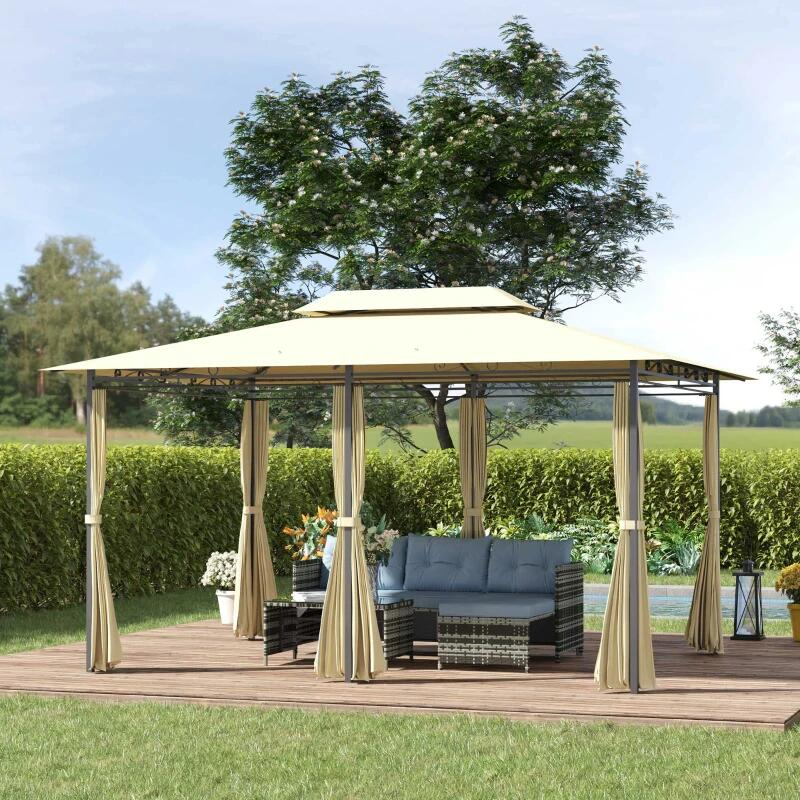 Pavilion/foisor pentru gradina/terasa, cadru metalic, cu perdele, crem, 4x3x2.65 m [2]