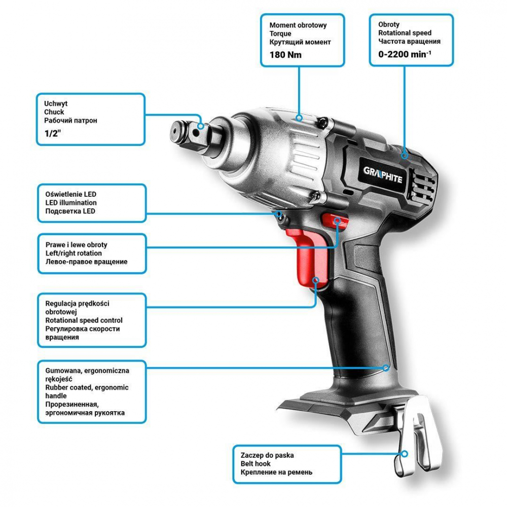 Masina de insurubat, de impact, cu acumulator 2 Ah, incarcator 18 V Li-ion, 180 Nm, 1/2", Graphite Energy [5]
