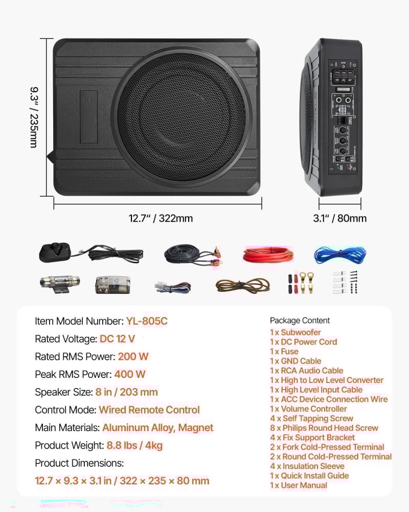 Subwoofer auto sub scaun 8" 400W, Subwoofer auto activ cu amplificator incorporat 400w [3]
