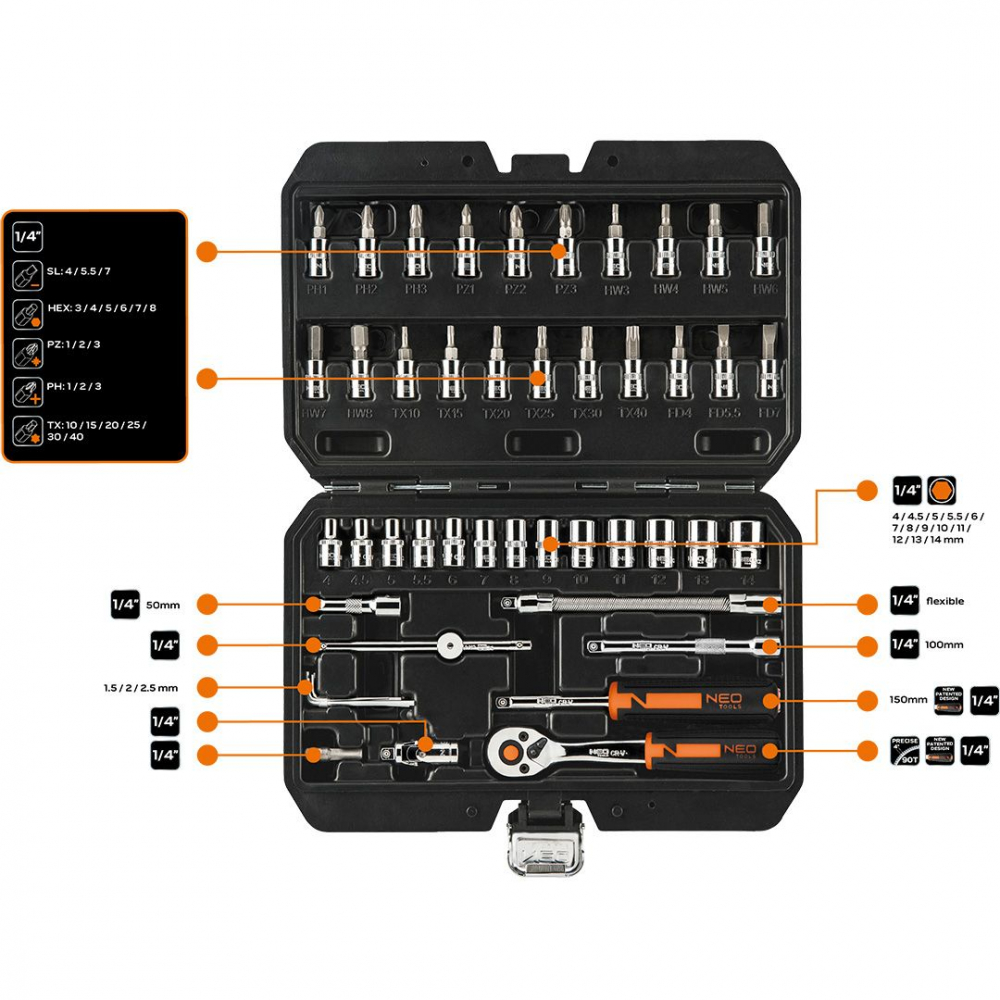 Trusa Chei 46 piese 1/4" multifuncționale, Tubulare, CrV/  Set de chei tubulare 46 piese [2]