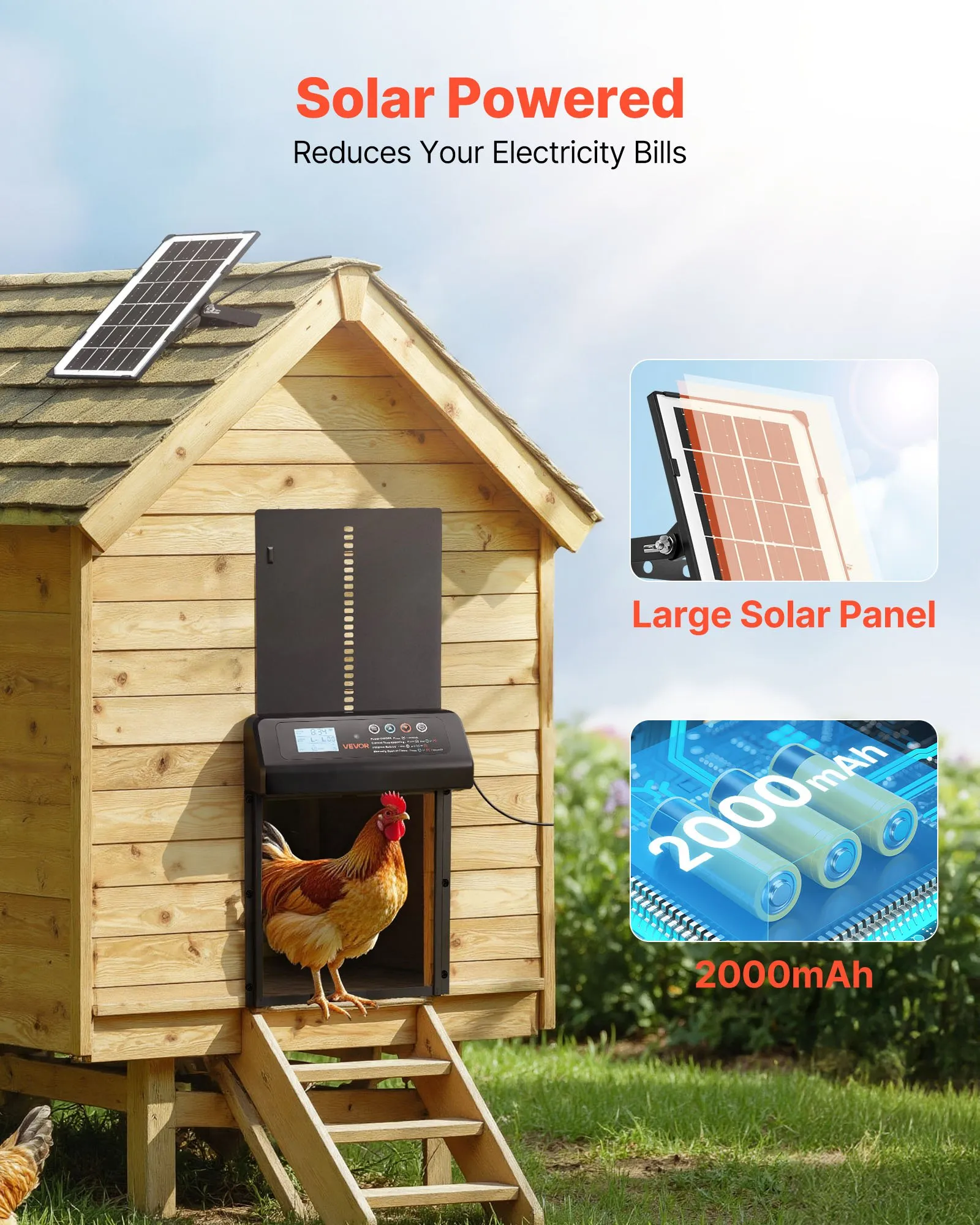 Ușă automată pentru coteț de găini , ușă pentru coteț de găini alimentată cu energie solară și baterii, cu afișaj LCD, telecomandă, senzor de lumină și temporizator, securitate anti-prindere, deschizător de poartă pentru coteț de găini din aliaj de aluminiu, neagră [5]