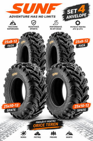 Set 4 Anvelope ATV cu Transport Gratuit - Set 4 Anvelope ATV noroi zapada 25x8-12 + 25x10-12 6PR, SUNF A024