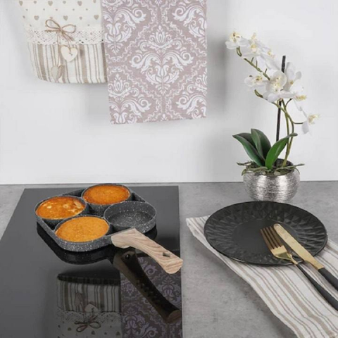 Tigaie pentru oua, 4 zone, maner de lemn, Aluminiu, Gri [2]