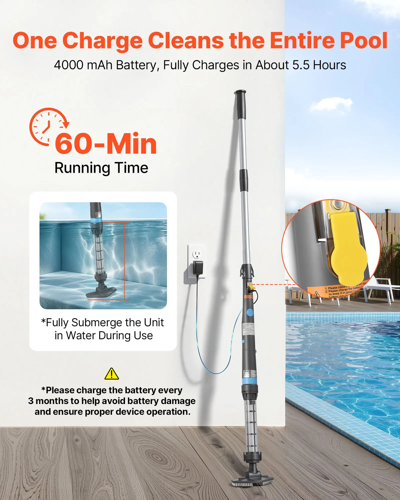 Aspirator Piscină  fără Fir 32L-min cu Acumulator și Tijă Extensibilă [4]