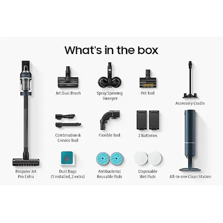 Aspirator vertical Samsung Bespoke Jet One Pro Extra, VS20A95973B/GE, 0.5L, Statie coletare praf 2L, 25.2V, 580W, Digital Inverter, Filtrare 99.999% , [1]