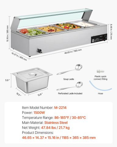Bain Marie Profesional 1500W cu 4 Cuve GN 1/2 și Protecție din Sticlă pentru Restaurante și Catering [5]