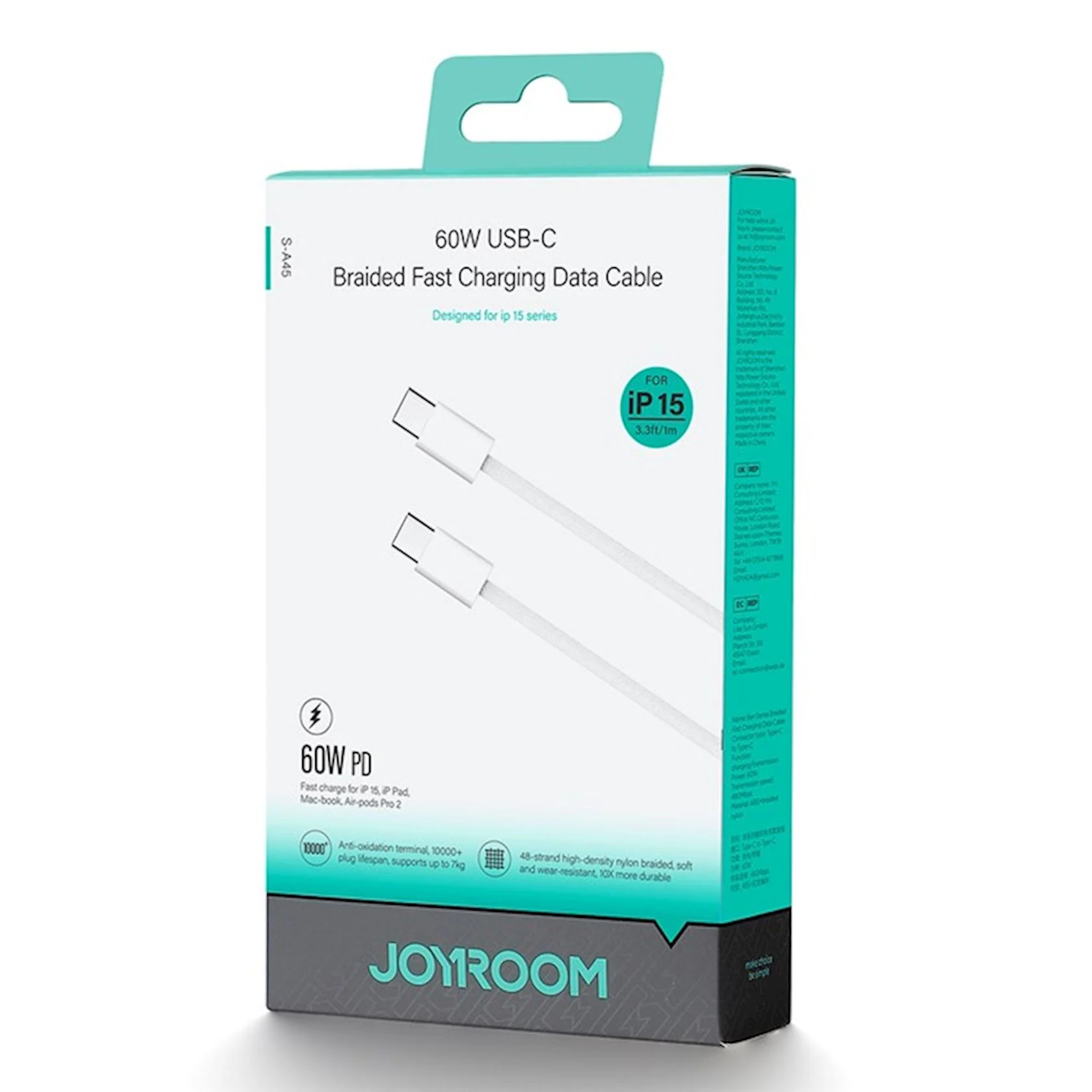 Cablu date Type C la Type C 3A, USB-C la USB-C, 60 W, împletit, 1m (alb) Joyroom [1]
