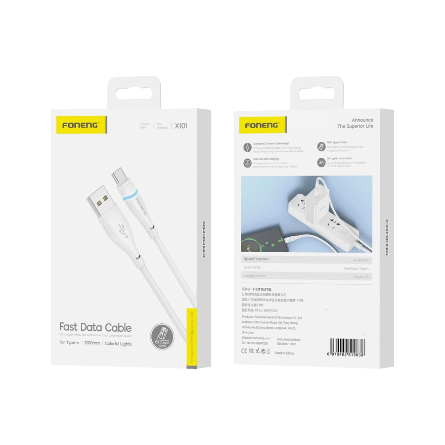 Cablu date Type C - Cablu date USB  la Type C , USB la USB-C, 60 W,  1.2m (alb)  Foneng