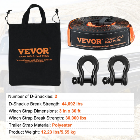 Kit de recuperare pentru off-road, 3" x 30", Kit de recuperare pentru troliu rezistent cu o curea de remorcare din poliester cu o capacitate de 30.000 lbs, 44.092 lbs cartușe cu inel în D, sac d [4]