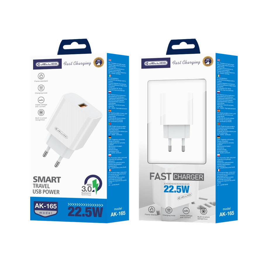 Accesorii - Incarcator USB A, PD 22.5W,  AK165, White QC3.0