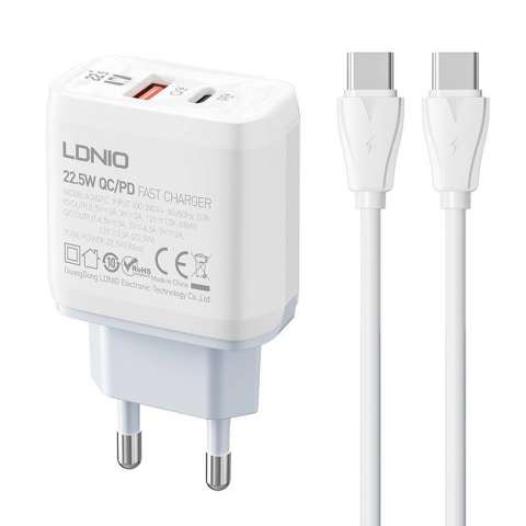 Usb Type-C - Incarcator iPhone 15 cu Cablu Type C la Type CLDNIO  22.5W + Cablu Lighting, Incarcator Samsung, Huawei, Xiaomi, Oppo