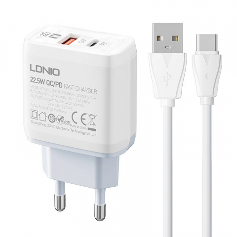 USB-C - Incarcator iPhone 15 cu Cablu Type C LDNIO  22.5W + cablu Type C, Incarcator Samsung, Huawei, Xiaomi Type C