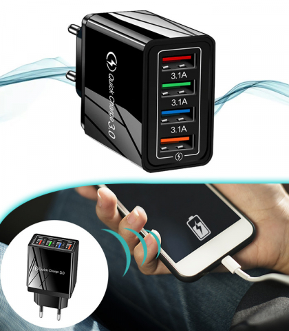 USB-C - Incarcator retea 4 x usb, QUALCOMM QUICK CHARGER 3.0 BLACK