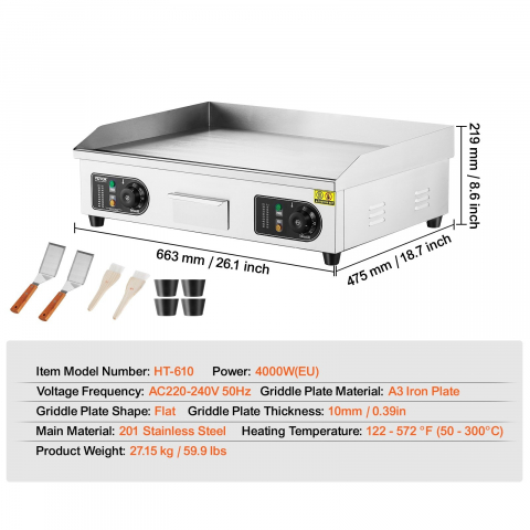 Grătar electric comercial 4000 W grătar plat, 50°C 300°C, 66cm, otel inoxidabil 201, Horeca [2]