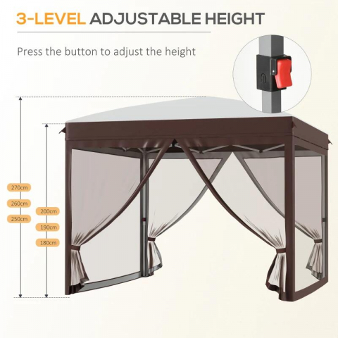 Pavilion/foisor pentru gradina/terasa, cadru metalic, cu plasa pentru insecte, inaltime ajustabila, maro, 3x3x2.7 m [3]