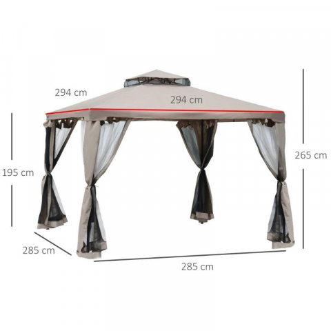 Pavilion/foisor pentru gradina/terasa, cadru metalic, cu perdele, cafeniu, 2.94x2.94x2.65 m, cu Plasa tantari insecte [2]