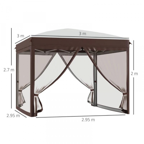 Pavilion/foisor pentru gradina/terasa, cadru metalic, cu plasa pentru insecte, inaltime ajustabila, maro, 3x3x2.7 m [2]