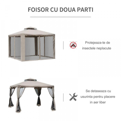 Pavilion/foisor pentru gradina/terasa, cadru metalic, cu perdele, cafeniu, 2.94x2.94x2.65 m, cu Plasa tantari insecte [1]