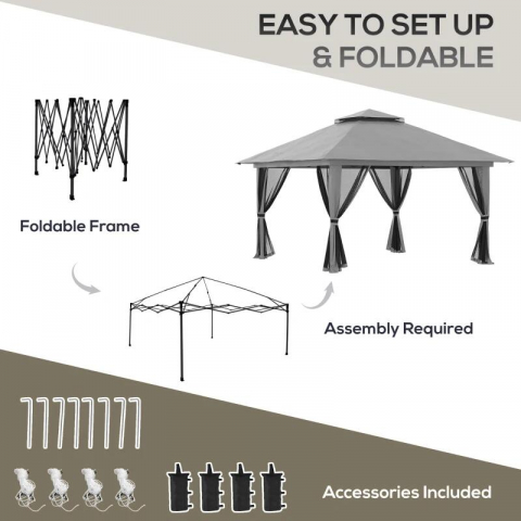 Pavilion/foisor PREMIUM pentru gradina/terasa, pliabil, Oxford, cadru metalic, plasa insecte, gri [2]