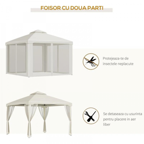 Pergola / Pavilion/foisor pentru gradina/terasa, cadru metalic, cu plasa anti tantari, bej, 2.95x2.95x2.63 m [6]