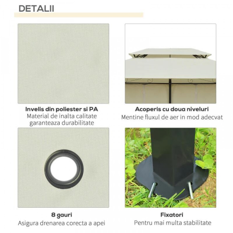 Pavilion/foisor pentru gradina/terasa, cadru metalic, cu perdele, crem, 4x3x2.65 m [2]
