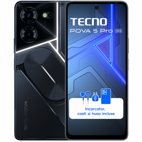 Telefoane Mobile - Telefon mobil Dual SIM TECNO POVA 5 Pro 5G, 256 GB + 8 GB RAM, Dark Illusion