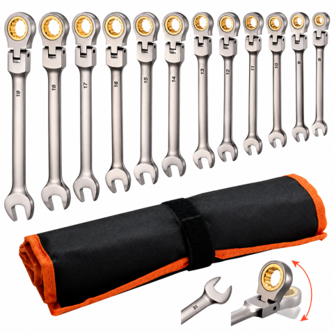 Truse Seturi - Set Chei cu Clichet 8-19mm, 12 Piese, Cap Flexibil 180°