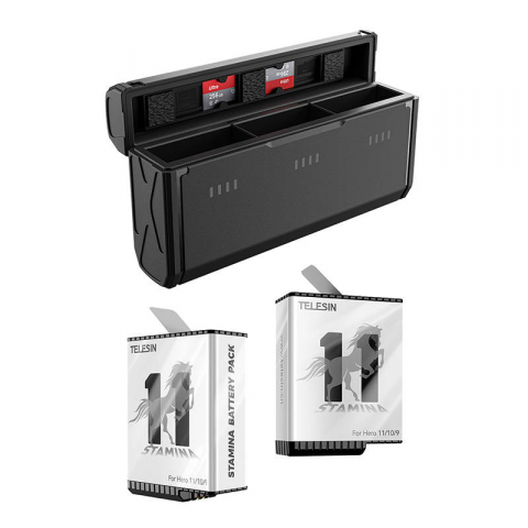 GoPro - Set 2 baterii cu cutie pentru 3 baterii si card memorie pentru GoPro Hero 12 / Hero 11 / Hero 10 / Hero 9