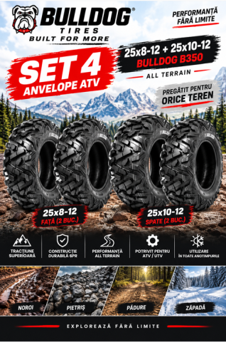 Set 4 Anvelope ATV cu Transport Gratuit - Set 4 Anvelope ATV 25x8-12 + 25x10-12 6PR | Bulldog B350