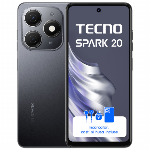 Telefoane Mobile - Telefon TECNO Spark 20, Octa Core 2.0 GHz, 256 GB + 8GB RAM, LTE, Gravity Black
