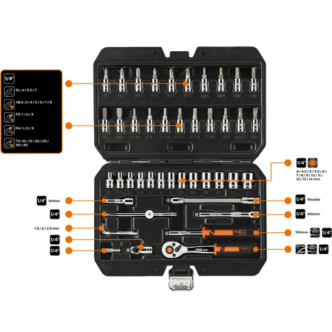 Trusa Chei 46 piese 1/4" multifuncționale, Tubulare, CrV/  Set de chei tubulare 46 piese [1]