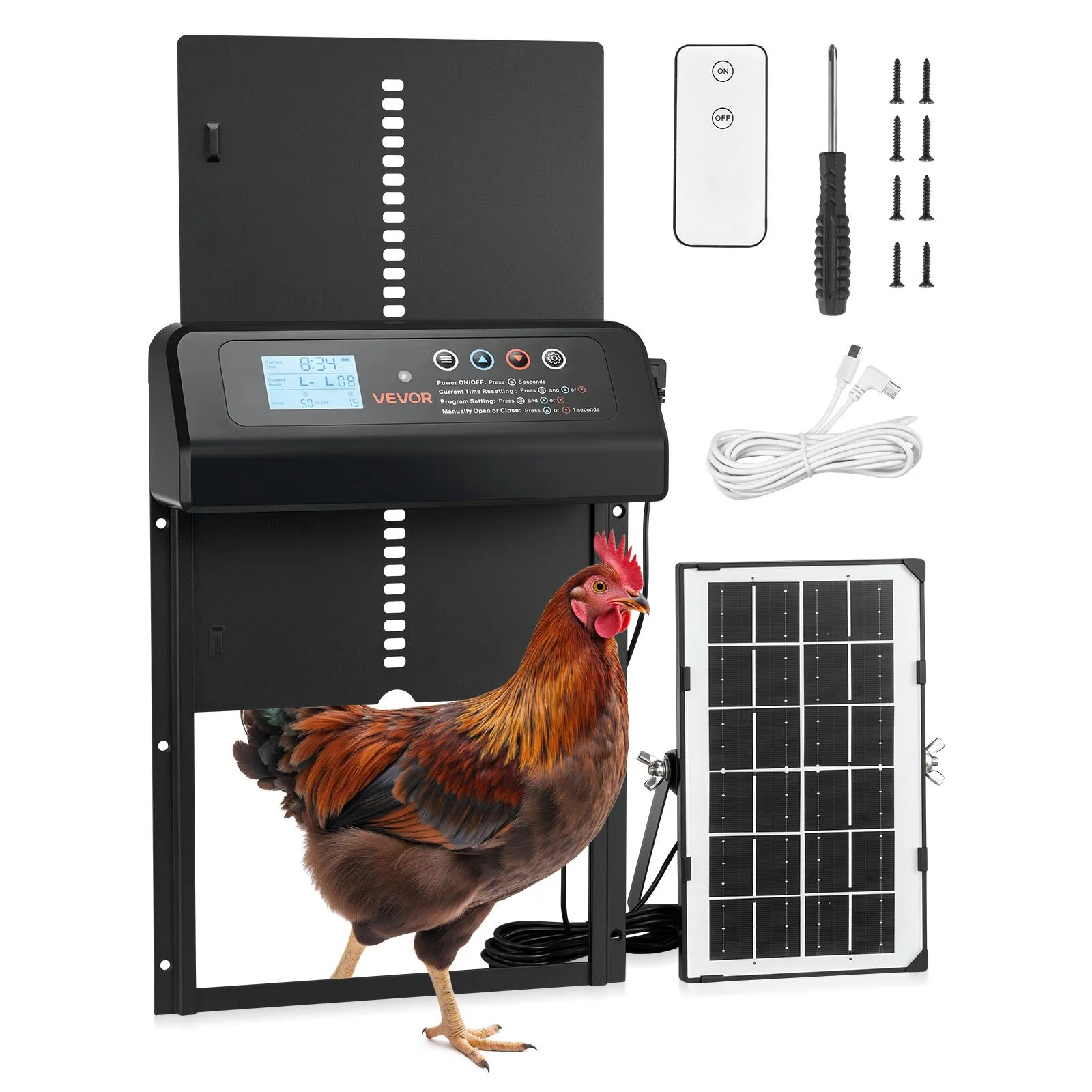 HOME - Ușă automată pentru coteț de găini , ușă pentru coteț de găini alimentată cu energie solară și baterii, cu afișaj LCD, telecomandă, senzor de lumină și temporizator, securitate anti-prindere, deschizător de poartă pentru coteț de găini din aliaj de aluminiu, neagră