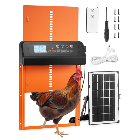 HOME - Ușă automată pentru coteț de găini , ușă pentru coteț de găini alimentată cu energie solară și baterii, cu afișaj LCD, telecomandă, senzor de lumină și temporizator, securitate anti-prindere, deschizător de poartă pentru coteț de găini din aliaj de aluminiu, neagră