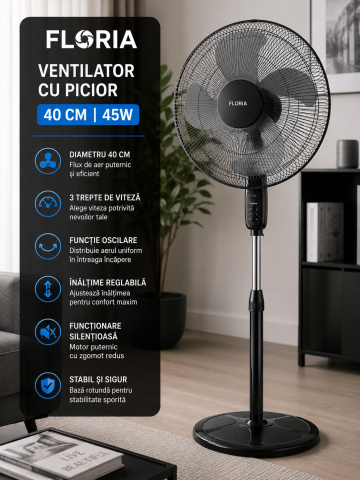 Ventilator cu Picior 40cm 45W cu Oscilare și Înălțime Reglabilă [1]
