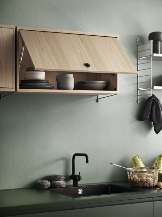 Compozitie corpuri suspendate modulare bucatarie String Furniture Kitchen N 160x30x50cm (LxAxH) finisaj Furniture Stejar natur si vopsit Gri [3]