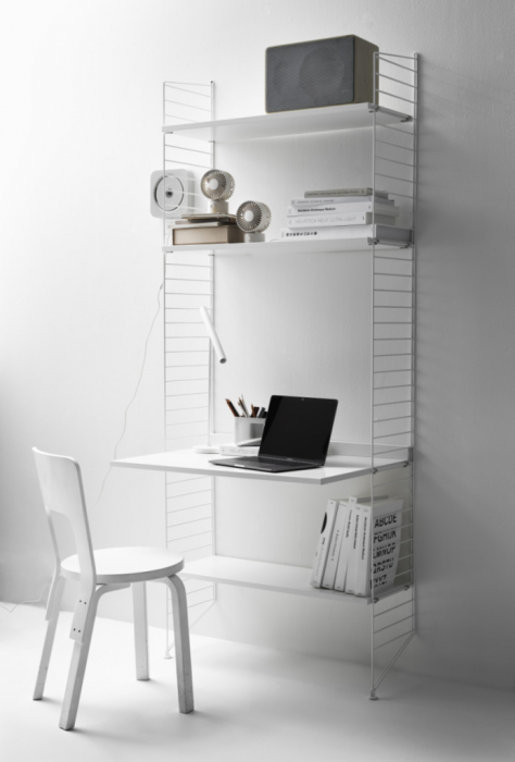 Set Work from home String Furniture A - Birou modular cu structura metalica albą si blat+polite din MDF vopsit alb [1]