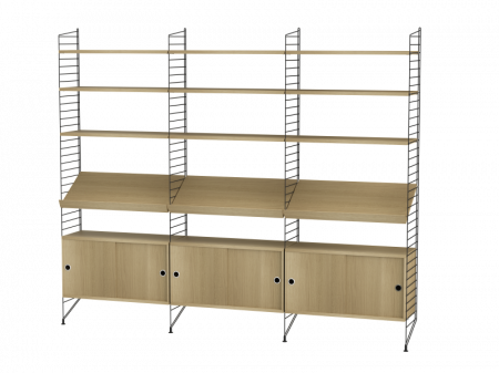 Mobilier - Mobilier modular Living SET G 240x200x30cm String Furniture Structura metalică vopsită negru, polițe orizontale, polițe înclinate și corpuri mdf furniruit stejar