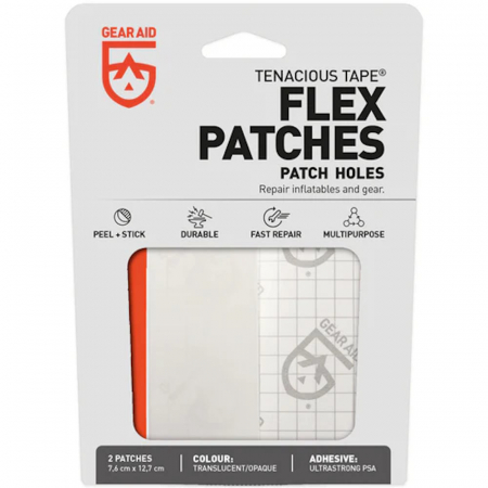 Reparatii saci de dormit - Set banda adeziva Gear Aid Flex Patches Tenacious Tape TPU 10800 12.7x7.6cm, transparent, 2 bucati pt gonflabile, vynil etc.