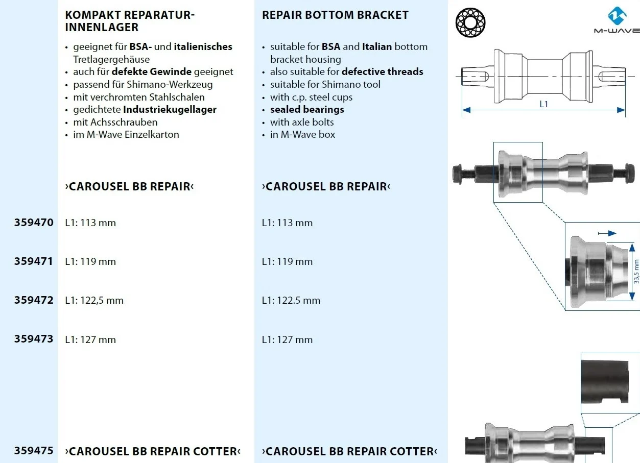 Butuc pedalier M-Wave Carousel BB Repair, 119 mm [4]