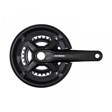 Piese biciclete - Angrenaj pedalier Shimano Altus FC-MT210-2, 2x9 viteze, Hollowtech II, cu aparatoare lant, brate 170mm, fara BB, Negru, 46x30T