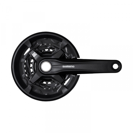 Piese biciclete - Angrenaj pedalier Shimano Altus FC-MT210-3, 3x9 viteze, Hollowtech II, cu aparatoare lant, brate 170mm, fara BB, Negru, 40x30x22T