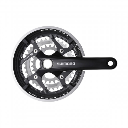 Angrenaje, foi si brate pedaliere - Angrenaj pedalier Shimano FC-T551, 3x10 viteze, Hollowtech II, cu aparatoare lant, brate 170mm, cu SM-BB52, Argintiu, 44x32x24T