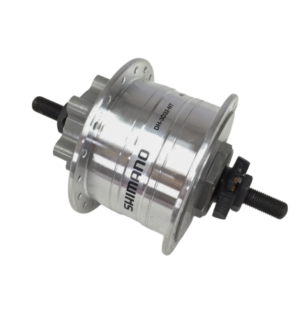 Piese biciclete - Butuc fata cu dinam Shimano DH-3D32-NT, 6V 3.0W, disc 6 suruburi, O.L.D. 100mm, fixare cu piulite, NT Type, protectie supravoltaj SM-DH10, Argintiu, 36H