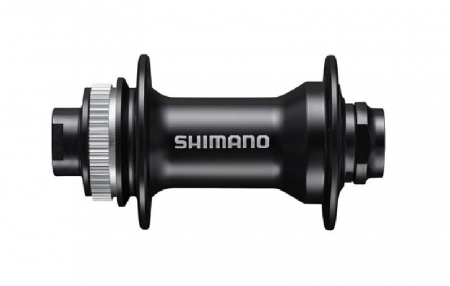 Piese biciclete - Butuc fata Shimano HB-MT400, Center Lock, Thru-axle de 15mm, fara ax, OLD 100mm, fara lock-ring, Negru, 32H