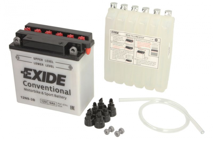 Baterie moto Acid/cu intretinere EXIDE 12V 9Ah 85A R+ aerisire dreapta 135x75x139 Incarcare uscata cu acid [1]