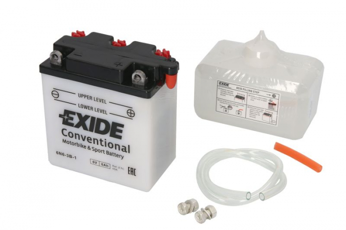 Baterie moto Acid cu intretinere EXIDE 6V 6Ah 40A R+ aerisire dreapta 98x56x110 Incarcare uscata cu acid