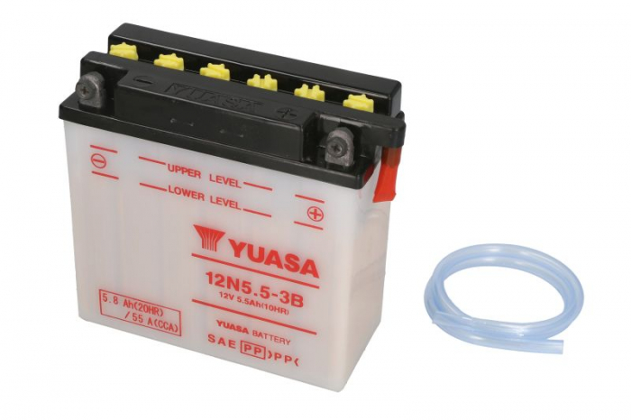 Baterie moto Acid cu intretinere YUASA 12V 5,5Ah 55A R+ aerisire dreapta 135x60x130 Incarcare uscata fara acid