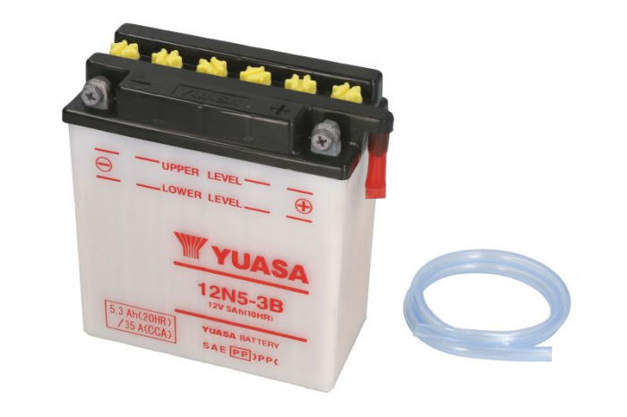 Baterie moto Acid cu intretinere YUASA 12V 5Ah 35A R+ aerisire dreapta 120x60x130 Incarcare uscata fara acid